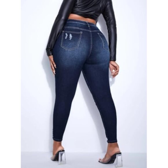 Plus Size Women Stretch Skinny Jeans High Waist Ankle Ripped Tummy Control - Picture 3 of 7